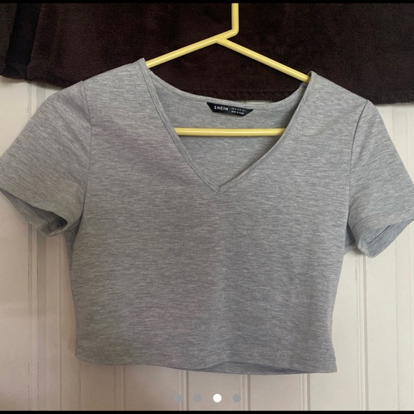 Basic Light Gray Cropped V-neck Tee - Picture 3 of 4